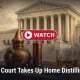 Fostoria News Supreme Court building with distilling equipment and whiskey glass.